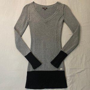GUESS Long Length V-Neck Knit Sweater, Gray, Size M